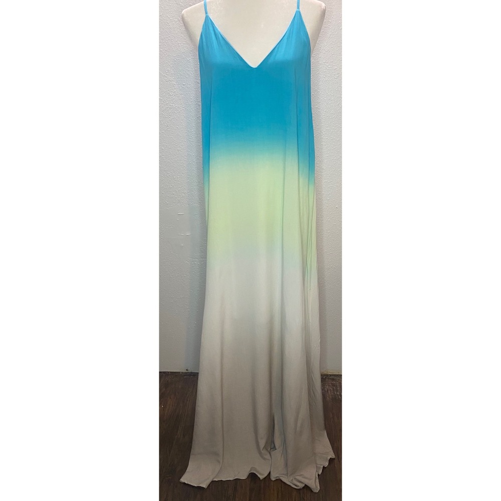 She + Sky Maxi Dress Women's Medium Blue Green Ombre V-Neck Spaghetti Strap New
